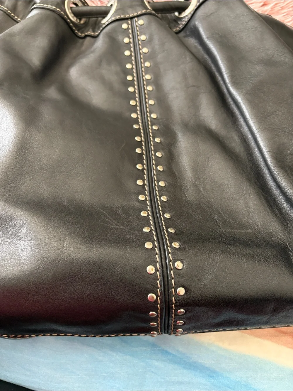 Michael Kors Black Leather Studded Drawstring Tote - Picture 8 of 13